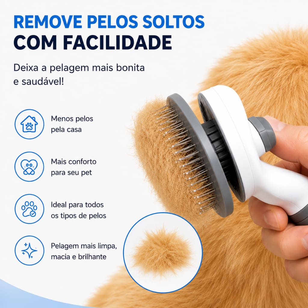 Escova Pente Removedor de Pelos Para Cães e Gatos Com Botão Auto Limpeza Retrátil Profissional