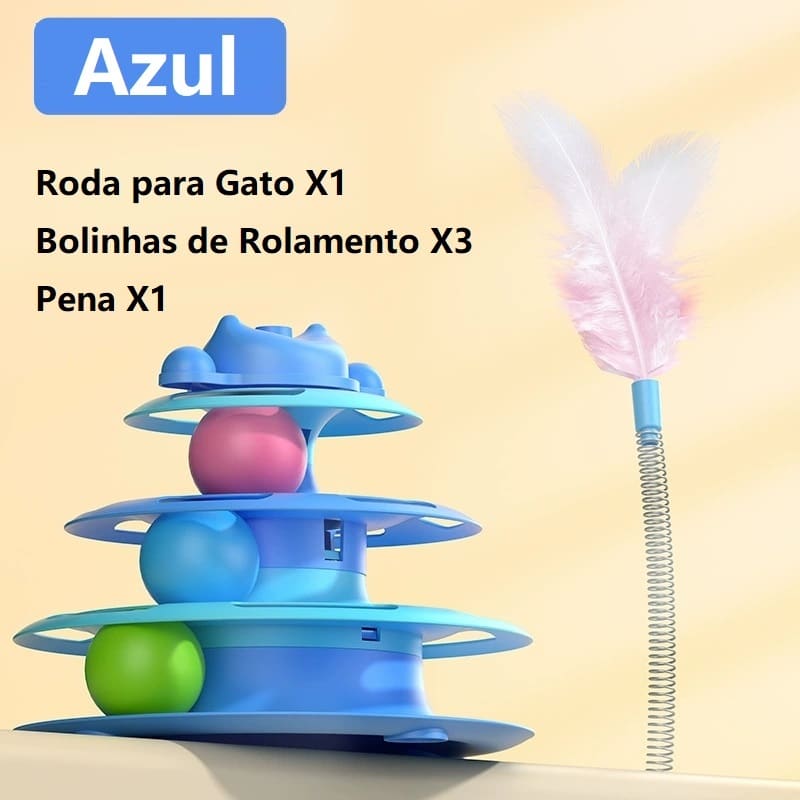Brinquedo Interativo Multifuncional para Gato e Cão, Torre com 3 Bolinhas e Penas, 4 Níveis de Diversão