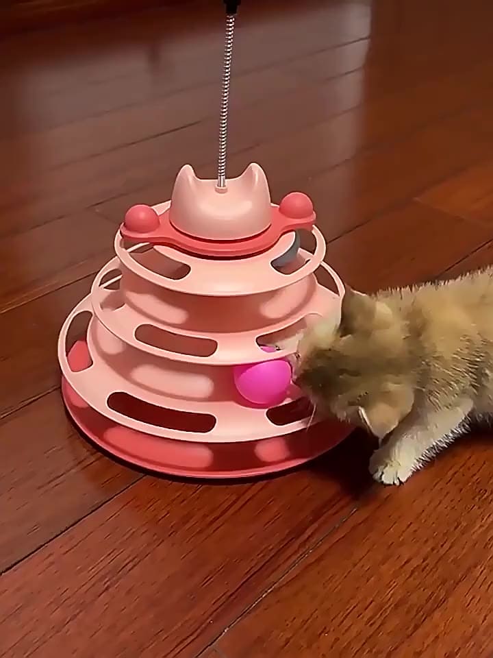 Brinquedo Interativo Multifuncional para Gato e Cão, Torre com 3 Bolinhas e Penas, 4 Níveis de Diversão